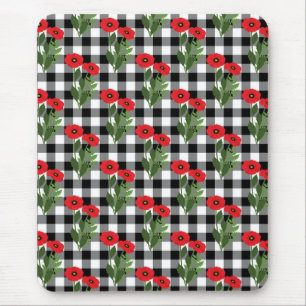 Shabby Chic Red, Black & White Poppies Floral Mouse Pad