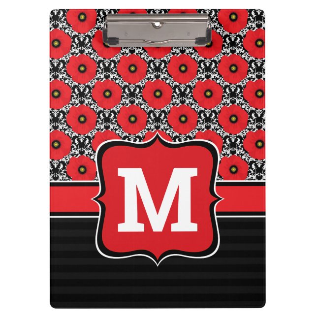 Shabby Chic Red, Black & White Poppies Monogram Clipboard (Front)
