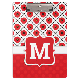 Shabby Chic Red, Black & White Poppies Monogram Clipboard