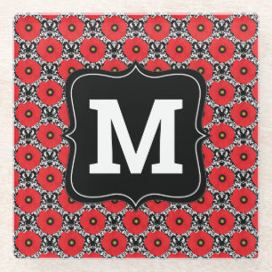 Shabby Chic Red, Black & White Poppies Monogram Glass Coaster