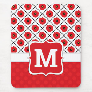 Shabby Chic Red, Black & White Poppies Monogram Mouse Pad
