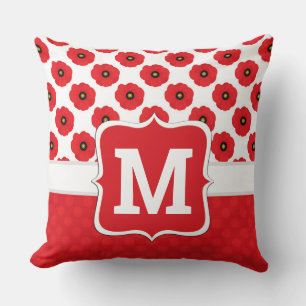 Shabby Chic Red, Black & White Poppies Monogram Throw Pillow
