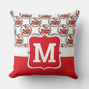 Shabby Chic Red, Black & White Poppies Monogram Throw Pillow