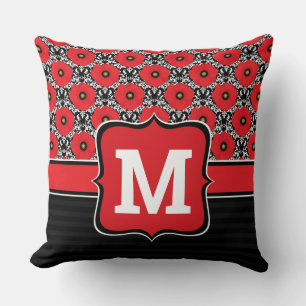 Shabby Chic Red, Black & White Poppies Monogram Throw Pillow