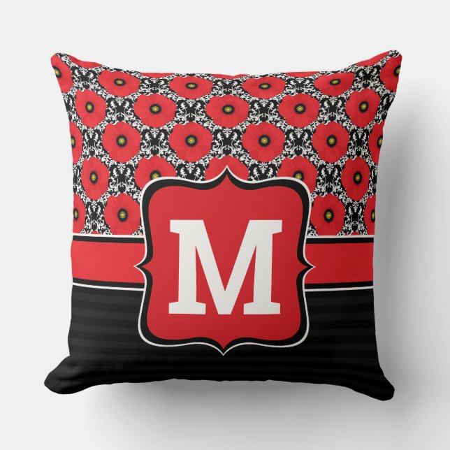 Shabby Chic Red, Black & White Poppies Monogram Throw Pillow (Front)
