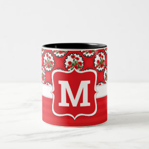 Shabby Chic Red, Black & White Poppies Monogram Two-Tone Coffee Mug