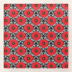 Shabby Chic Red, Black & White Poppies Pattern Glass Coaster