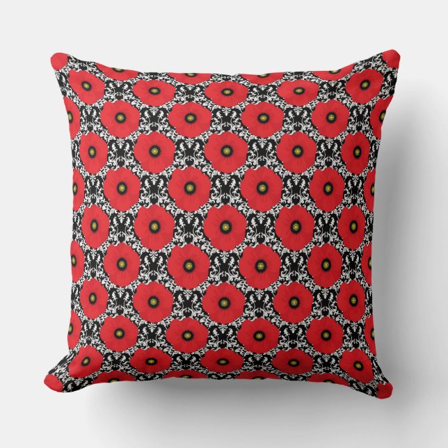 Shabby Chic Red, Black & White Poppies Pattern Throw Pillow (Front)