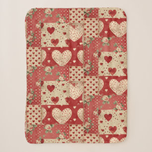 Shabby Chic Red Patchwork Pattern Sherpa Blanket