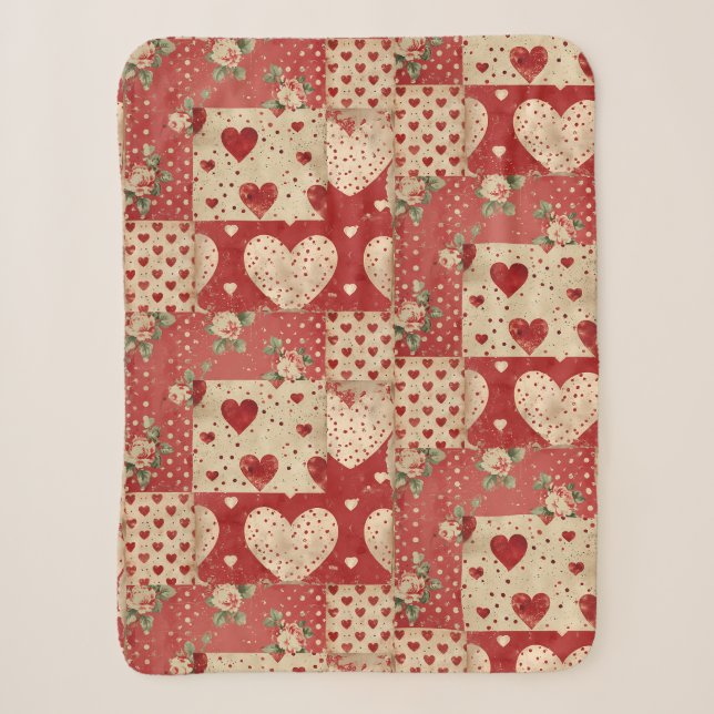 Shabby Chic Red Patchwork Pattern Sherpa Blanket (Front)