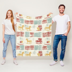 Shabby Chic Rocking Horse Plaid Pattern Fleece Blanket