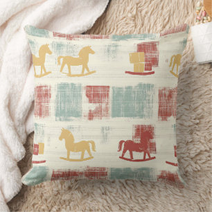 Shabby Chic Rocking Horse Plaid Pattern Throw Pillow