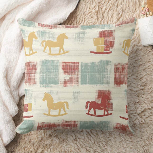 Shabby Chic Rocking Horse Plaid Pattern Throw Pillow (Blanket)