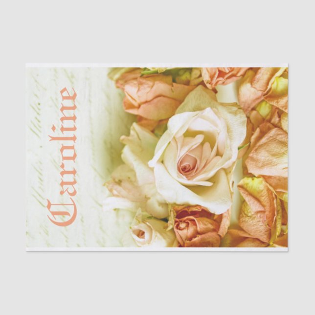 Shabby Chic Romantic Peach Roses Personalized Name Tissue Paper (Front)