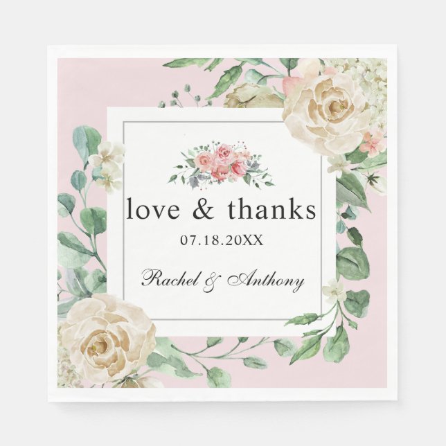 shabby chic romantic rose Love & Thanks flowers Napkin (Front)