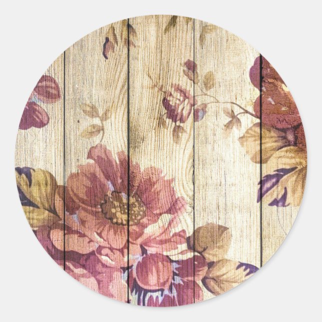 Shabby Chic Romantic Roses on Wooden Wall Classic Round Sticker (Front)