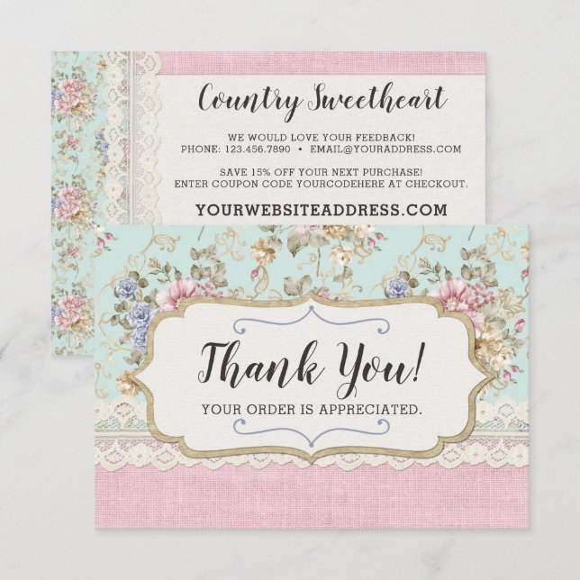 Shabby Chic Rose Floral Boutique Carte de remercie (Devant / Derrière)