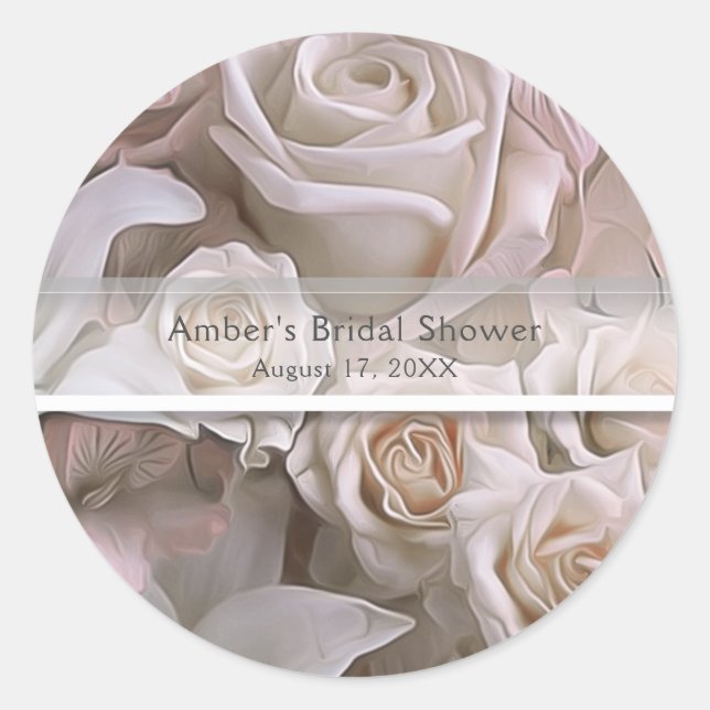 Shabby Chic Rose Floral Bridal Shower Custom Favou Classic Round Sticker (Front)