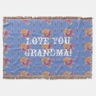 Shabby Chic Rose Floral Love You Grandma Throw Rug Blanket