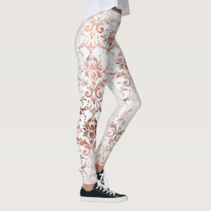 Shabby Chic Rose Gold and White Distressed Damask Leggings
