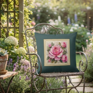 Shabby Chic Rose Oil Painting Charcoal Slate Throw Pillow