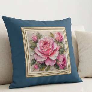 Shabby Chic Rose Oil Painting Steel Blue Accent Throw Pillow