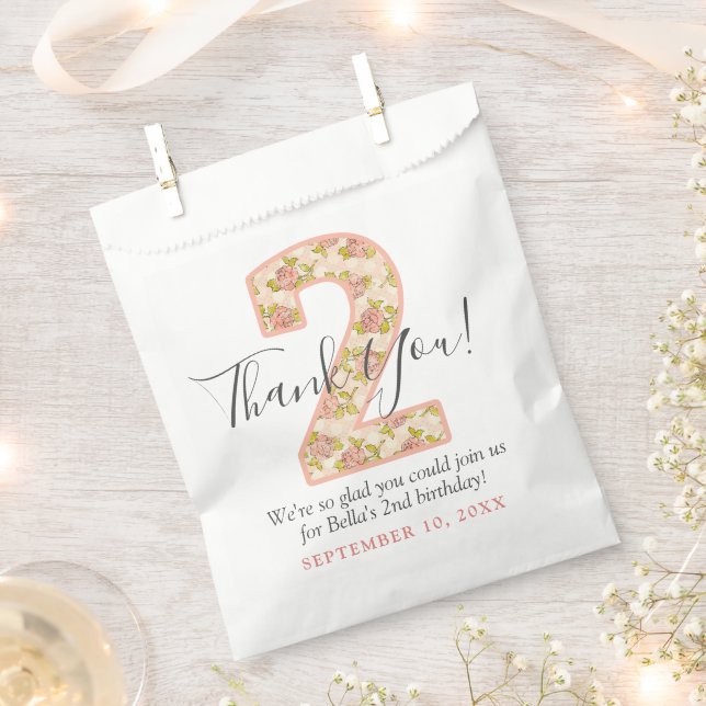 Shabby Chic Rose Thank You 2nd Birthday Custom Favour Bag (Clipped)