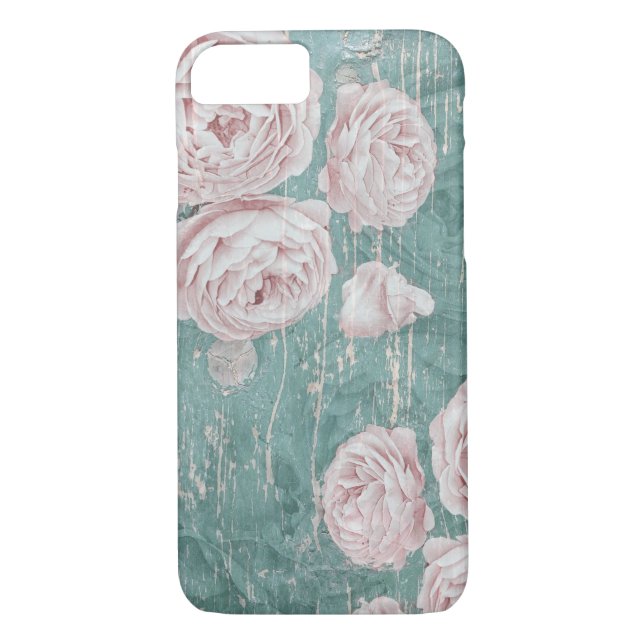Shabby Chic Roses On Distressed Dark Blue Wood Case-Mate iPhone Case (Back)