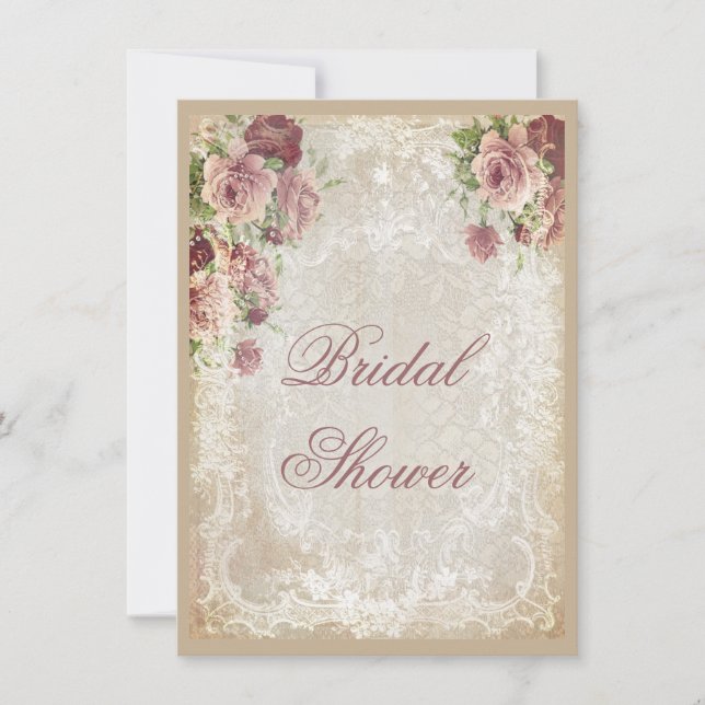 Shabby Chic Roses Pearls and Lace Bridal Shower Invitation (Front)