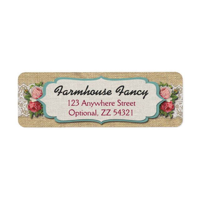Shabby Chic Roses & Rustic Burlap Adresse de retou (Devant)