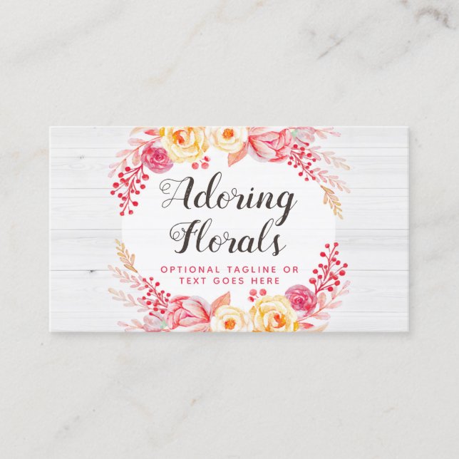 Shabby Chic Roses & Rustic Wood Blush Pink Floral Business Card (Front)