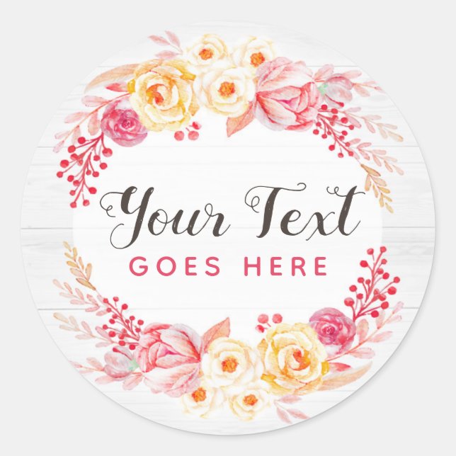 Shabby Chic Roses & Rustic Wood Blush Pink Floral Classic Round Sticker (Front)
