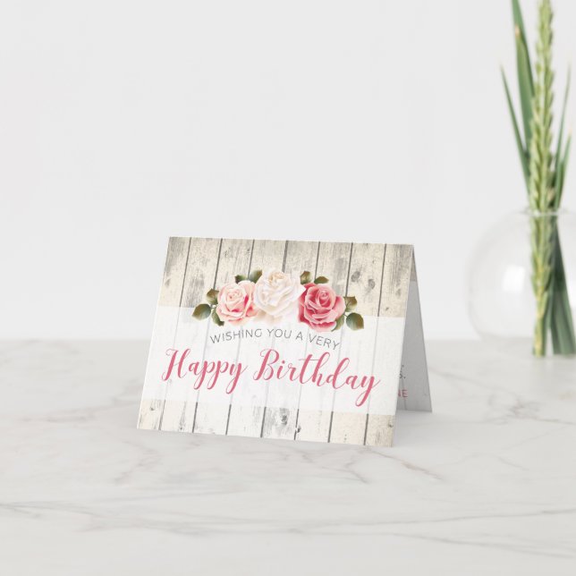 Shabby Chic Roses Rustic Wood Custom Birthday Card (Front)