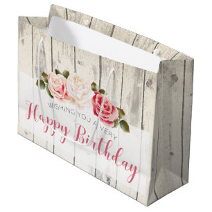 Shabby Chic Roses Rustic Wood Happy Birthday Large Gift Bag