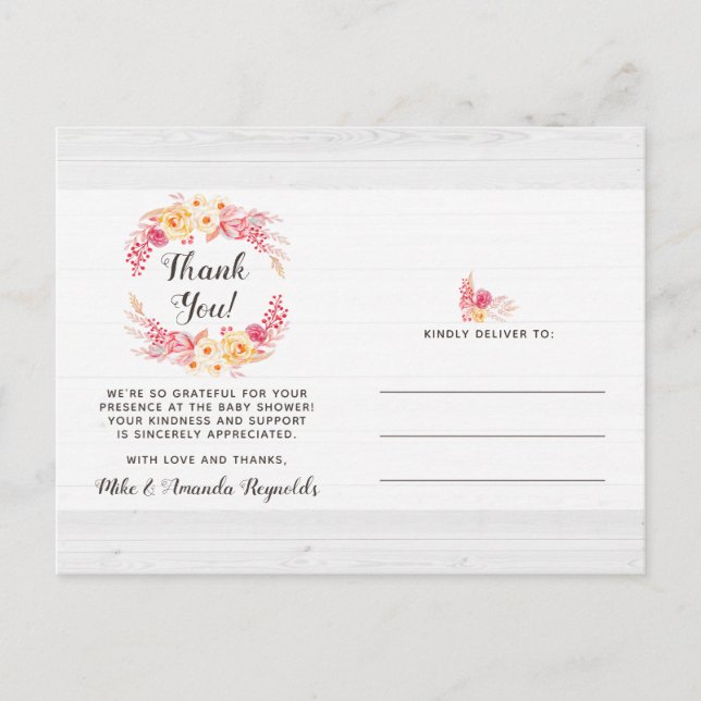 Shabby Chic Rustic Floral Baby Shower Thank You Postcard (Front)