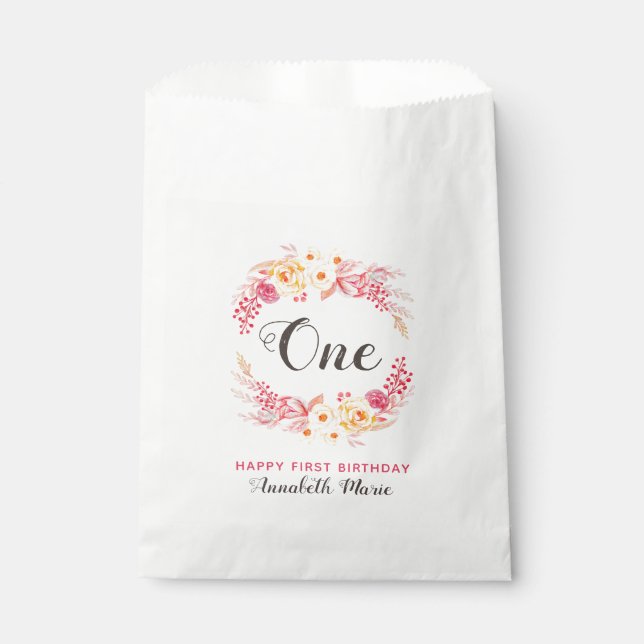 Shabby Chic Rustic Floral One First Birthday Party Favour Bag (Front)