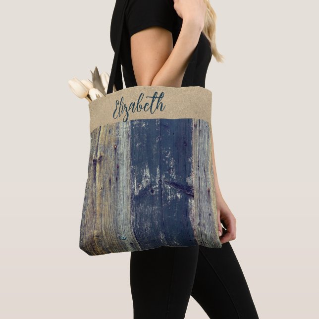 Shabby Chic Rustic Wood Personalized Tote Bag (Close Up)