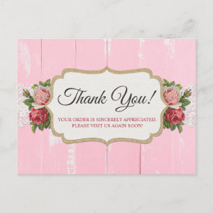 Shabby Chic Rustic Wood Pink Floral Rose Thank You Postcard