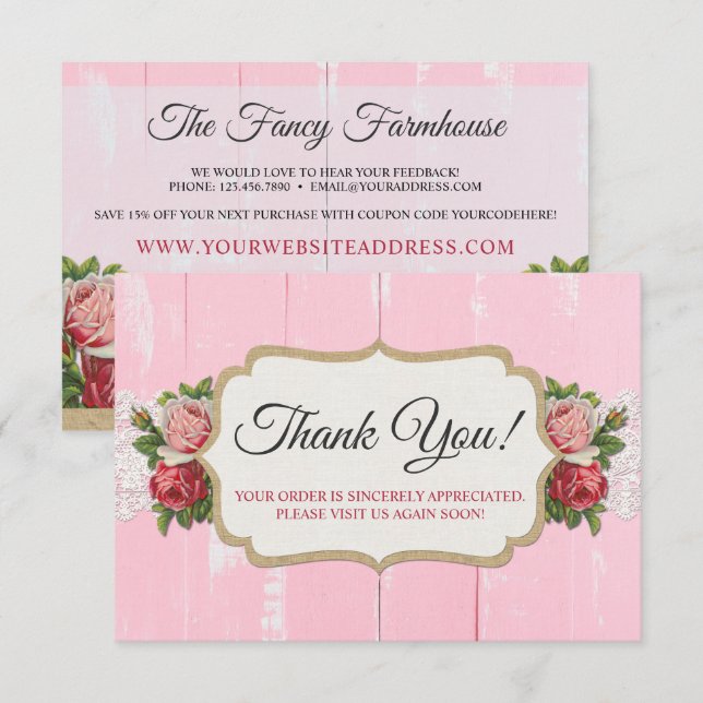 Shabby Chic Rustic Wood Pink Floral Thank You Card (Front/Back)