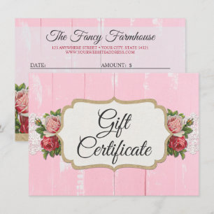 Shabby Chic Rustic Wood Pink Gift Certificate Card