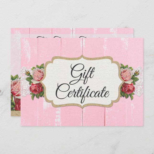 Shabby Chic Rustic Wood Pink Gift Certificate Card (Front/Back)