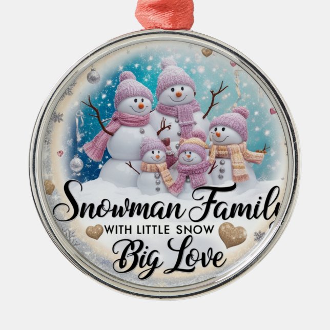 Shabby Chic Snowman Family of 5 Premium Round  Metal Ornament (Front)