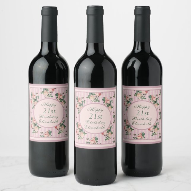 Shabby Chic Stripes and Blush Pink Roses   Napkins Wine Label (Bottles)