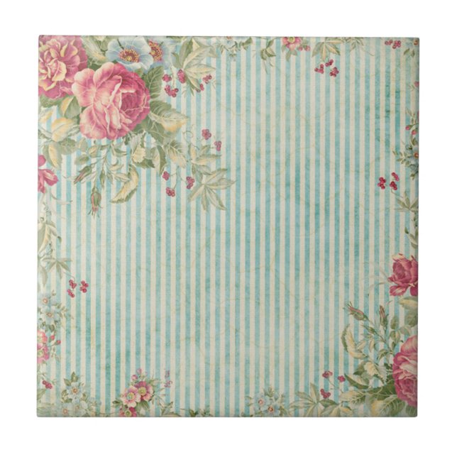 Shabby Chic Stripes & Roses Ceramic Tiles (Front)