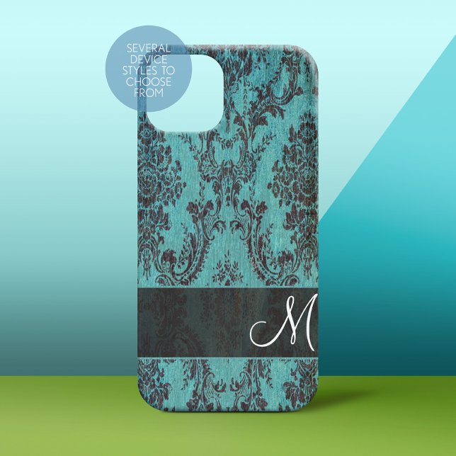 Shabby Chic Teal damask Pattern with Monogram Case-Mate iPhone Case (Personalized Phone Case)