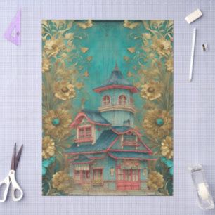 Shabby Chic Teal Floral Pagoda Craft Tissue Paper