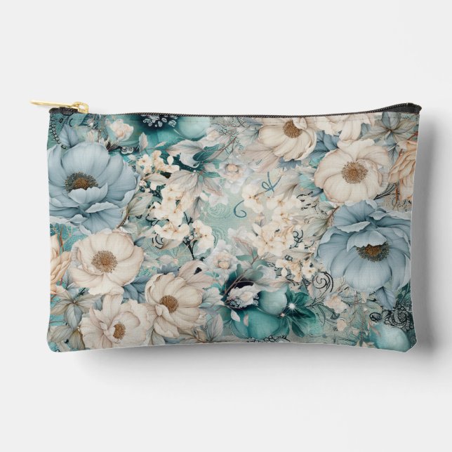 Shabby Chic Teal Pastel Floral Make-Up Bag (Front)