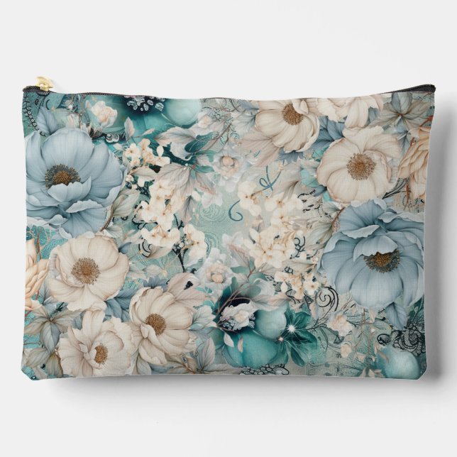 Shabby Chic Teal Pastel Floral Make-Up Bag (Front)