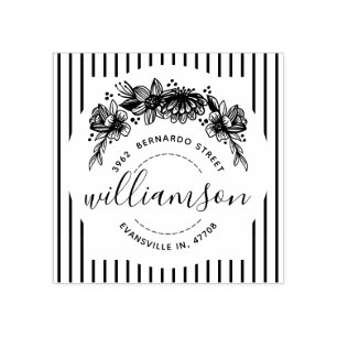 Shabby Chic Trendy Floral & Stripes Name & Address Rubber Stamp