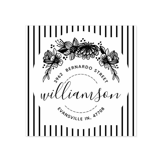 Shabby Chic Trendy Floral & Stripes Name & Address Rubber Stamp (Imprint)